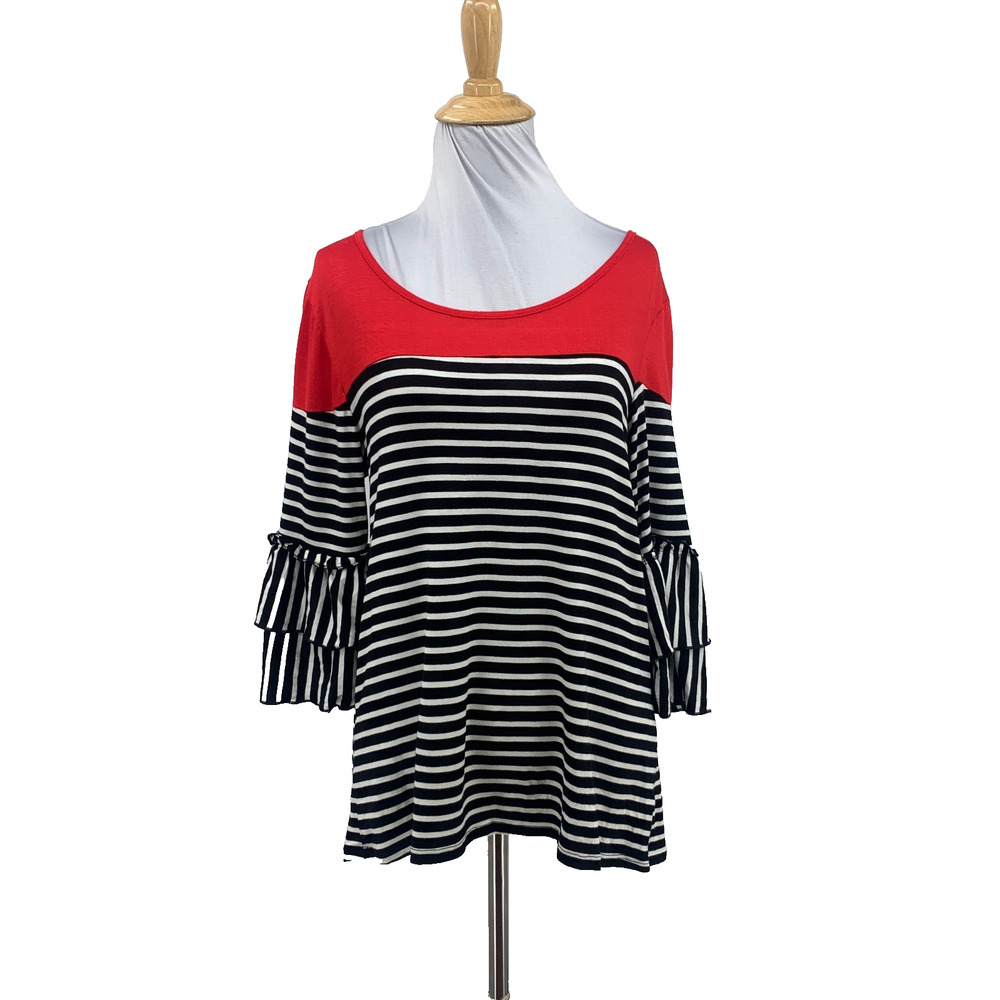 Emi & Joe Blouse Womens M Medium Striped Tiered Bell Sleeves Round Neck Stretch
